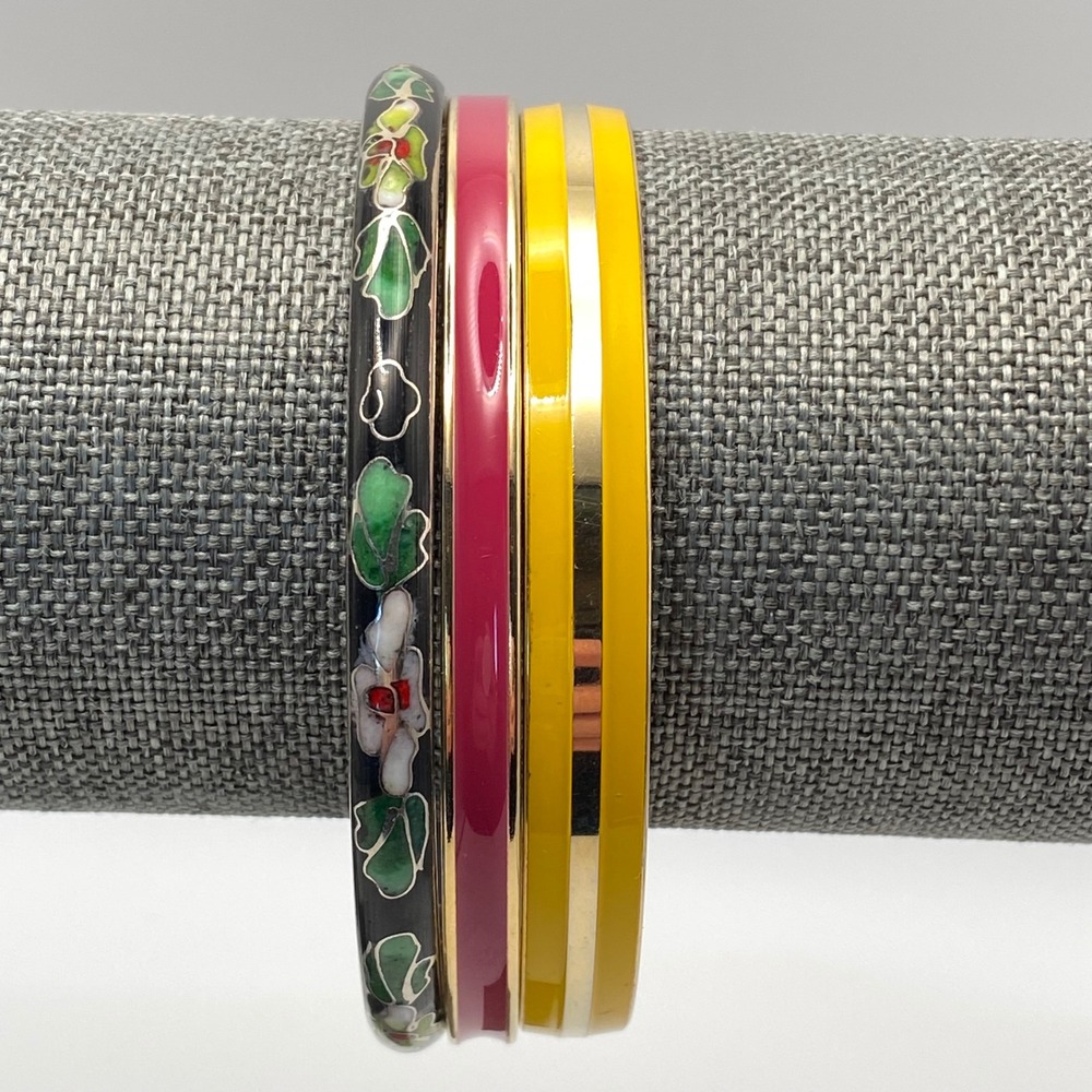 Vintage Bangle Bracelet Lot Of 3 Metal Boho Floral Yellow Pink Multi Stacking